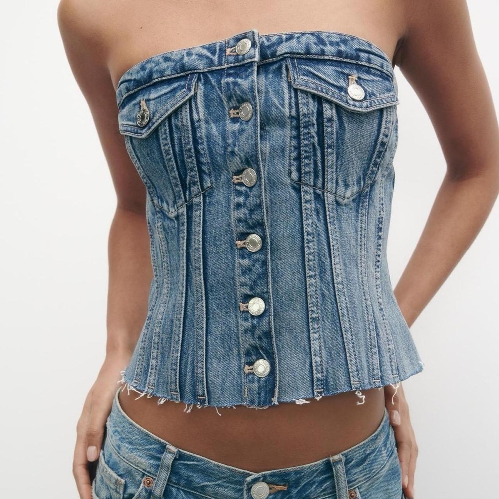 Zara Denim Corset Tube Top Strapless Button Front Large